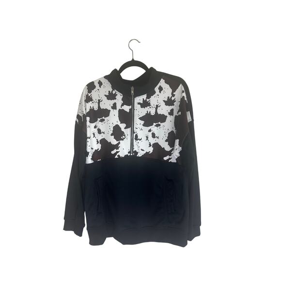 Unisex XL Cow Print Quarter-Zip Pullover Sweatshirt Black White Polyester - Picture 1 of 15